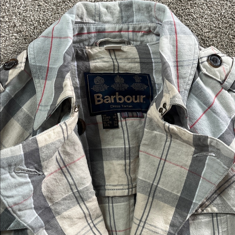 Classic Barbour Pastel Plaid sz4 Cotton Linen Tortoiseshell Hardware Trench EUC - Picture 4 of 16